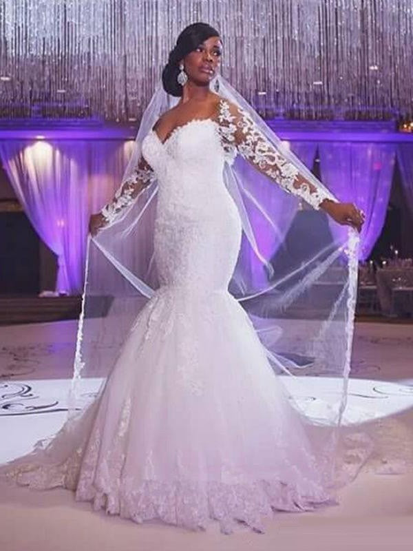 Wholesale Trumpet/Mermaid Long Sleeves Sweetheart Sweep/Brush Train Applique Tulle Wedding Dresses